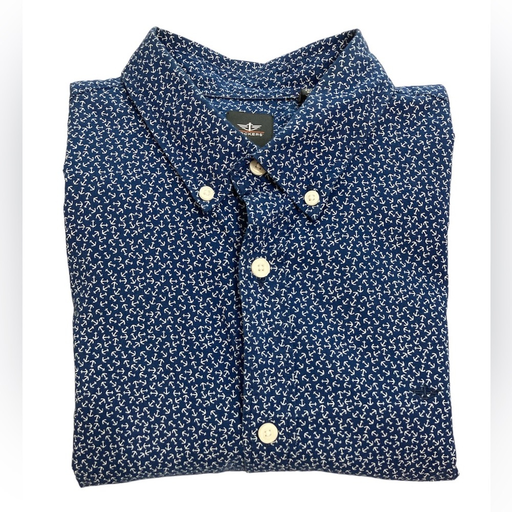 Dockers Men’s Medium Navy Blue Dress Shirt With Anchor Pattern